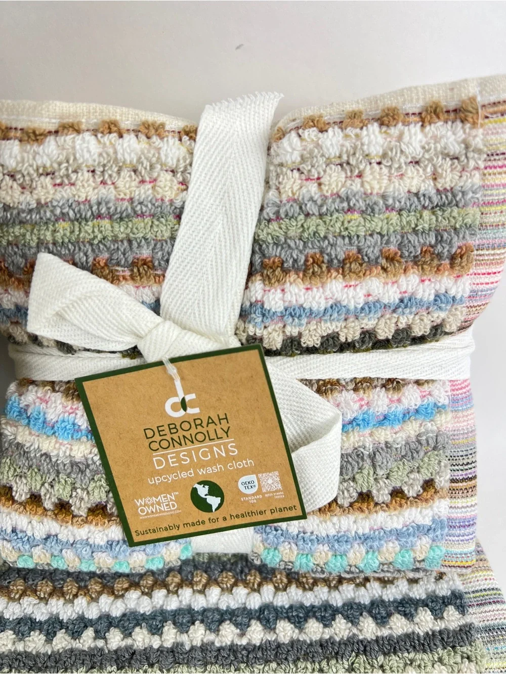 Deborah Connolly Bath Towel Set Striped Brown Green Aqua Cotton 8 Pc Set NEW